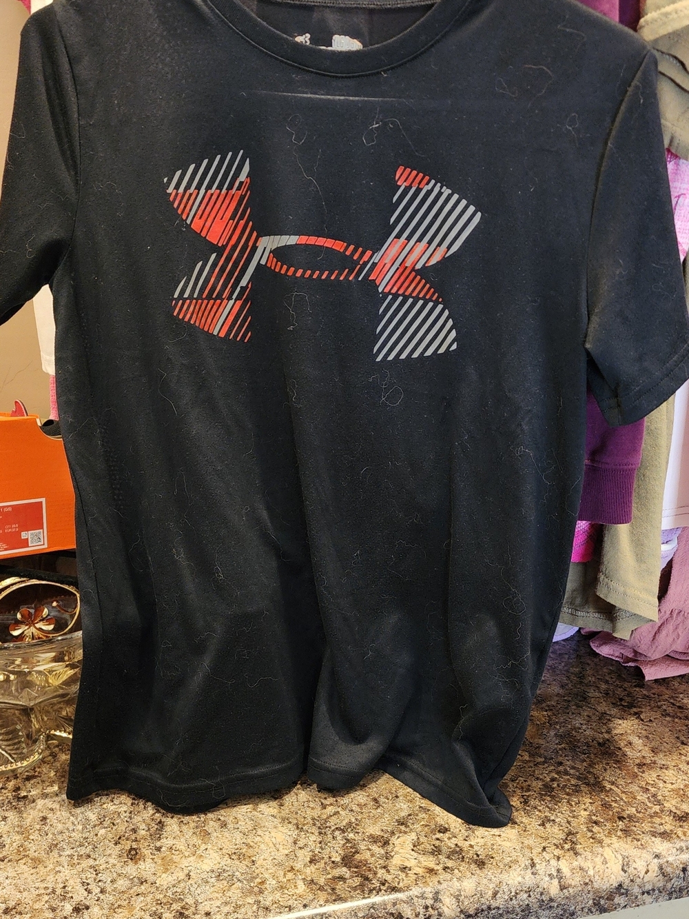 Under Armour Black Short-Sleeve Tee with Striped Red & Gray Logo